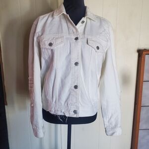 American Eagle Womens White Distressed Denim Jacket Size S